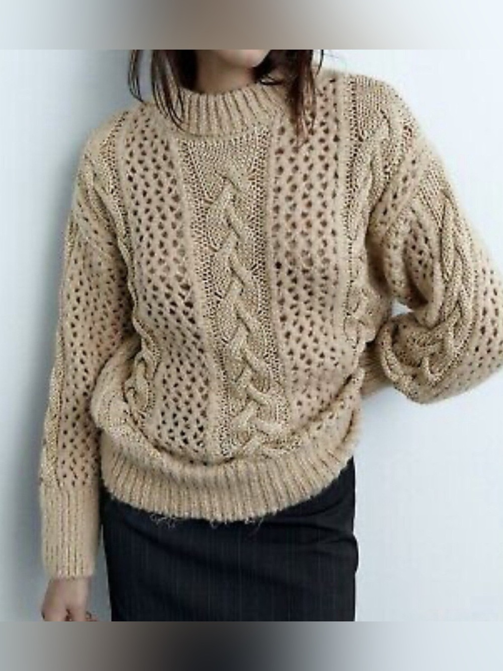 Zara Cream Beige Gold Trim Oversized Cable Knit Sweater Sz L